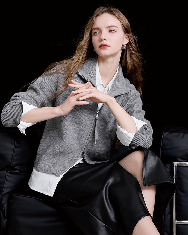 High Neck Ribbed Zip Knit Jacket