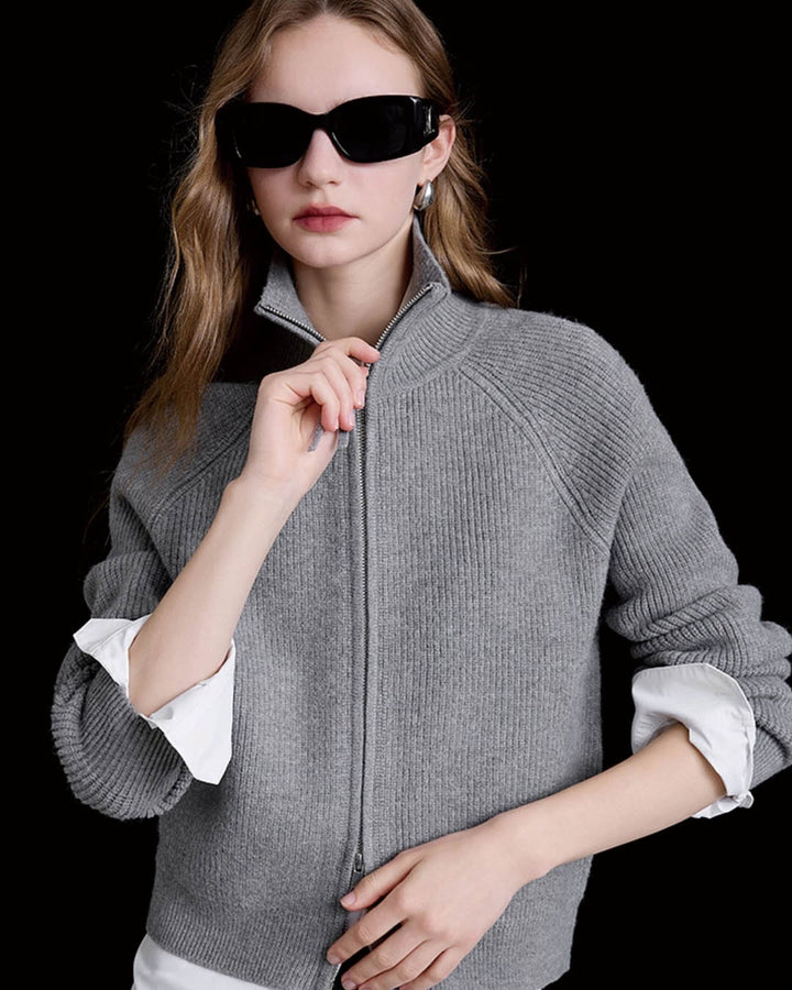 High Neck Ribbed Zip Knit Jacket