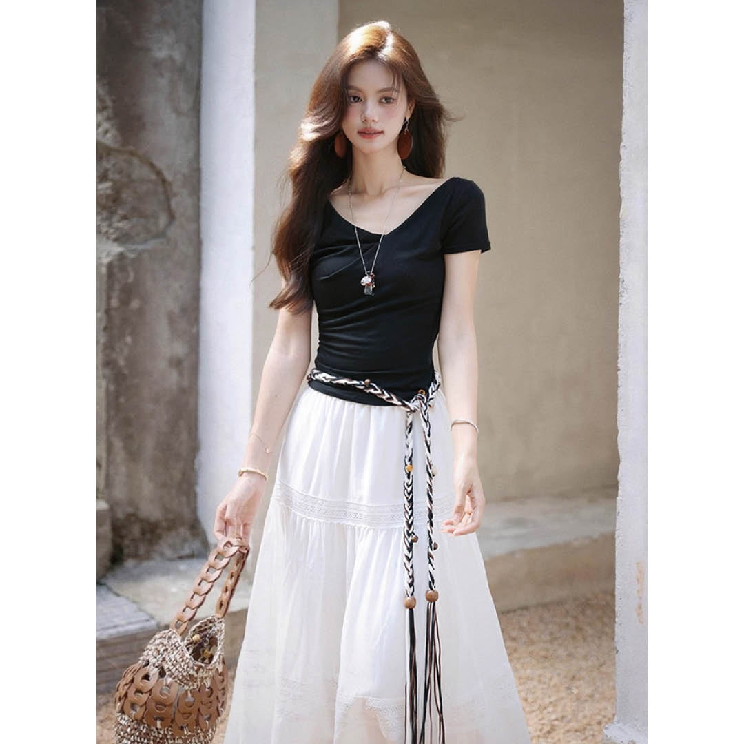 Draped French Neck Slim Top