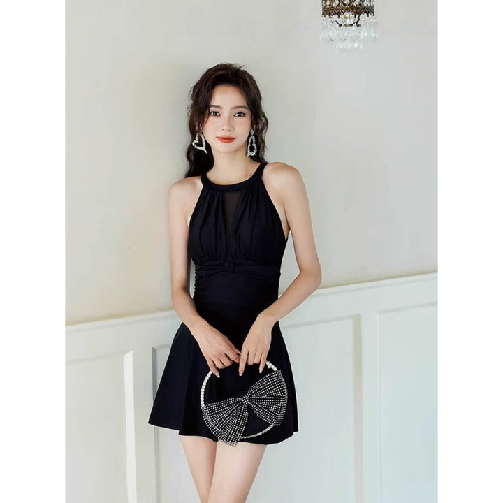 Mesh Panel High Neck Swim Dress