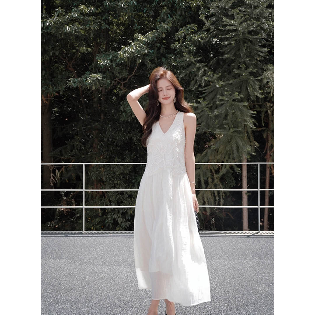 Lace Trim V-Neck Maxi Dress