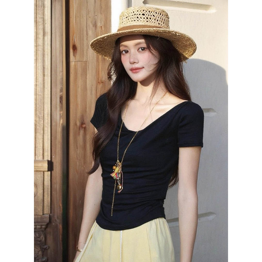 Draped French Neck Slim Top
