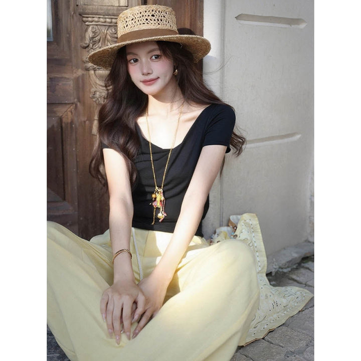 Draped French Neck Slim Top