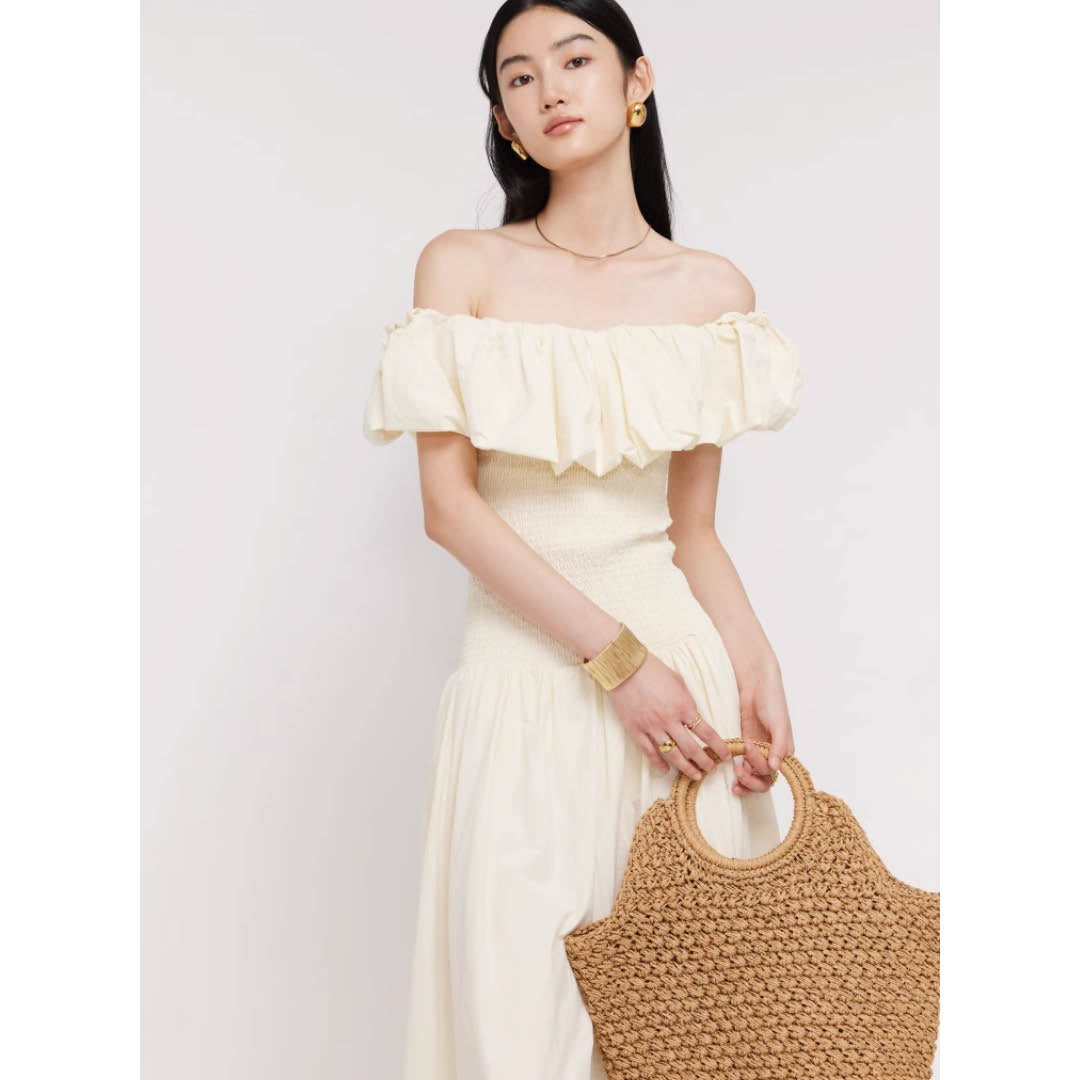 Off-Shoulder Frill Smocked Dress