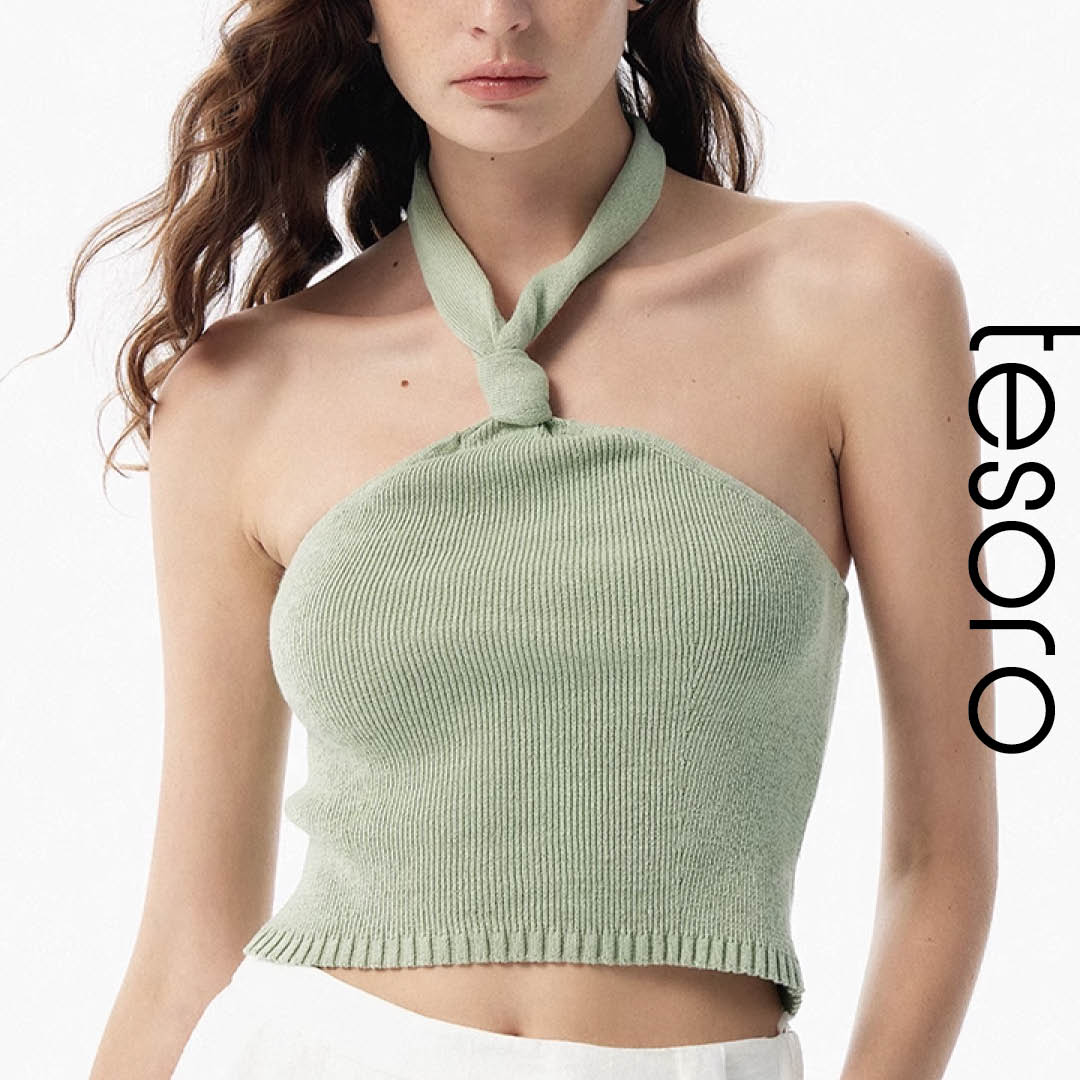Knotted Halter Ribbed Knit Top