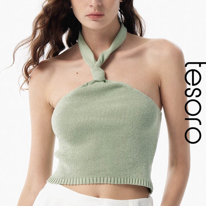 Knotted Halter Ribbed Knit Top