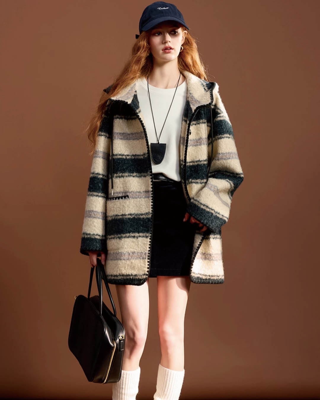 Striped Bouclé Hooded Coat