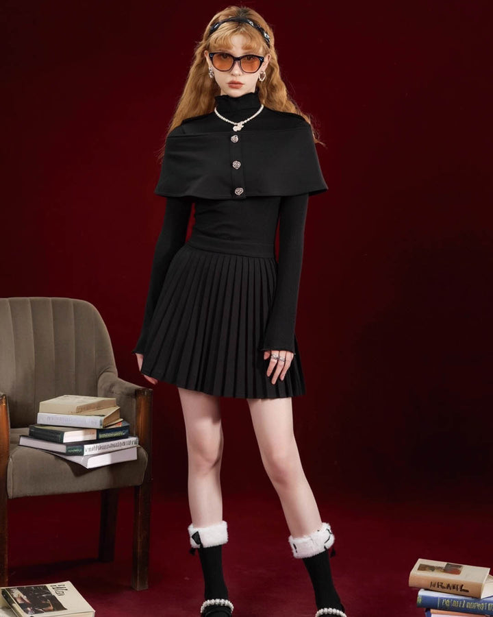 Elegant Pleated Cape Dress