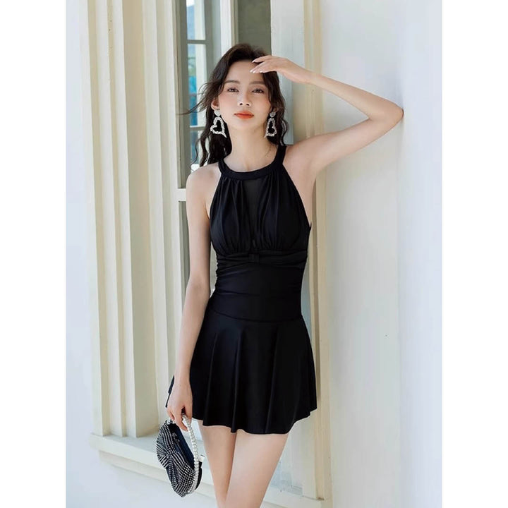 Mesh Panel High Neck Swim Dress