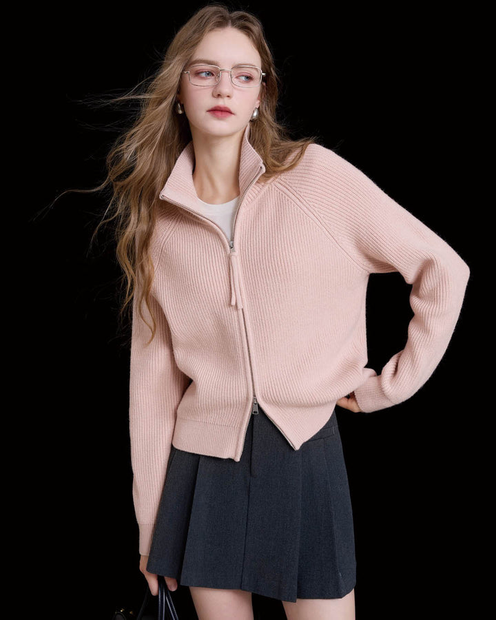 High Neck Ribbed Zip Knit Jacket