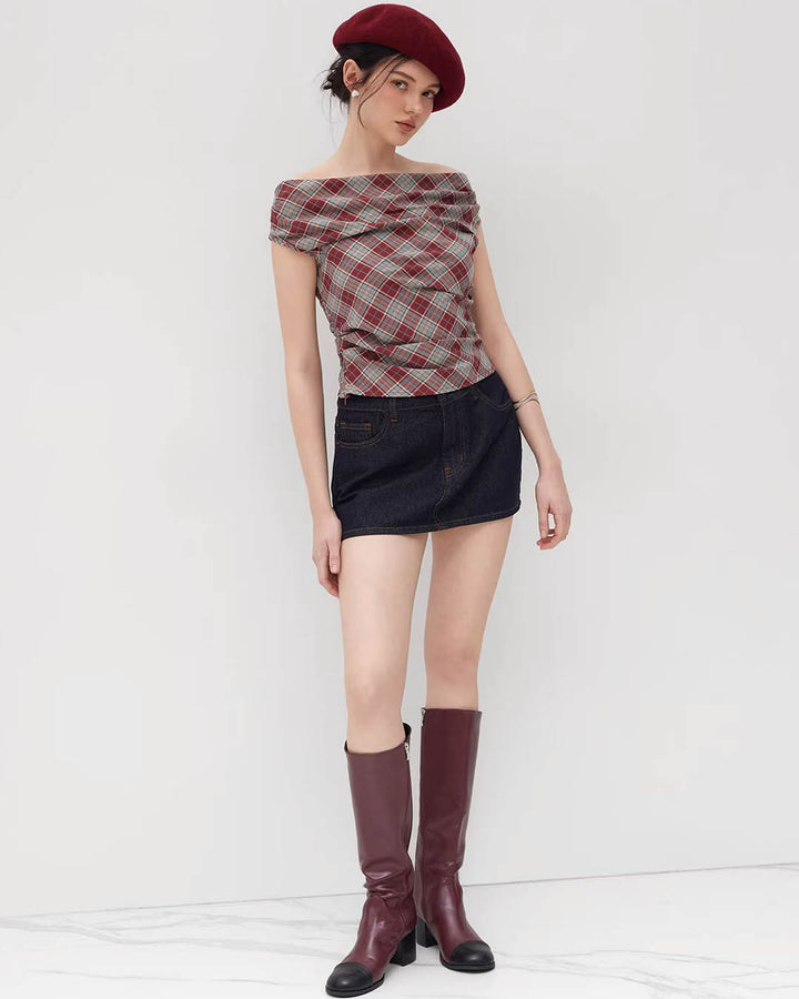 Draped Off-Shoulder Plaid Top