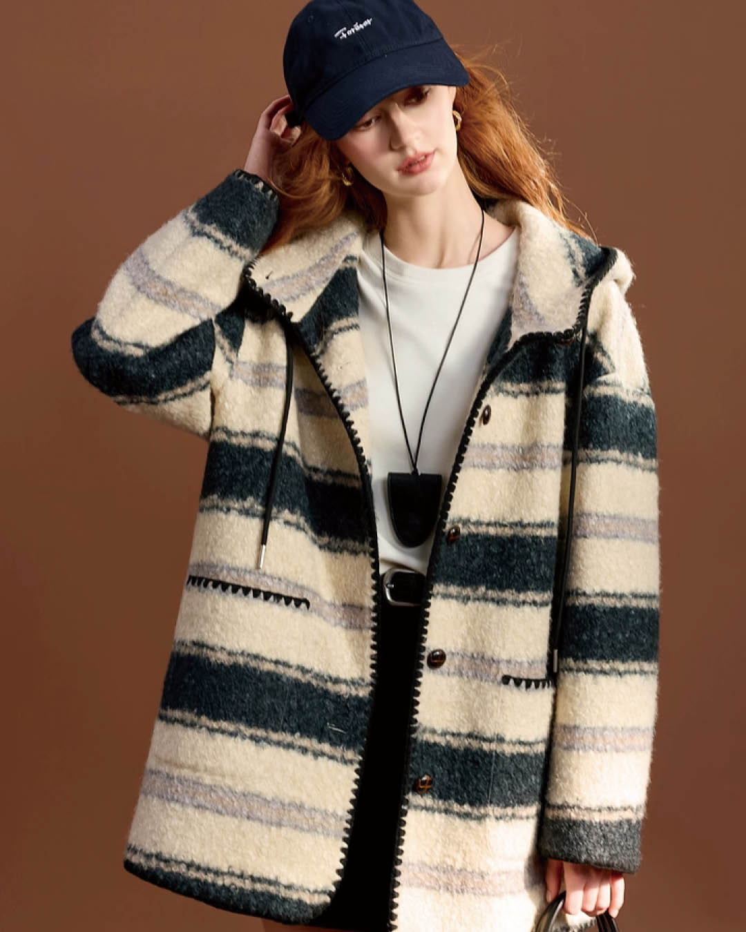 Striped Bouclé Hooded Coat