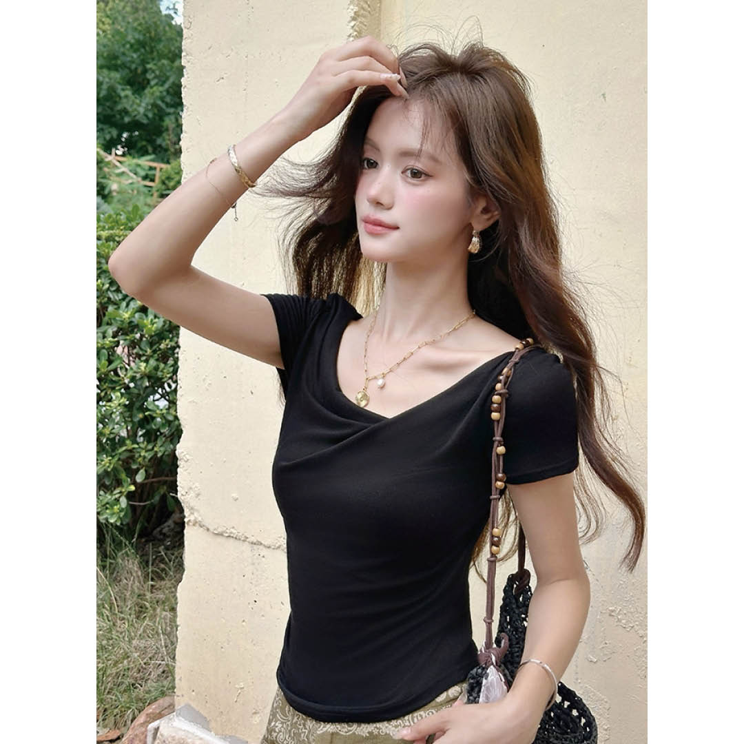 Draped French Neck Slim Top
