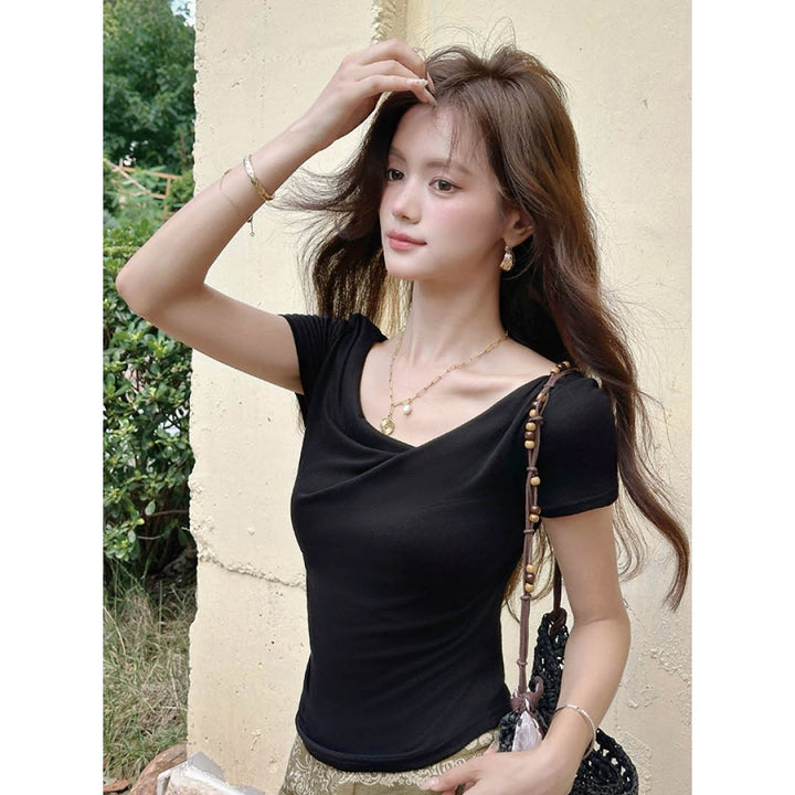 Draped French Neck Slim Top
