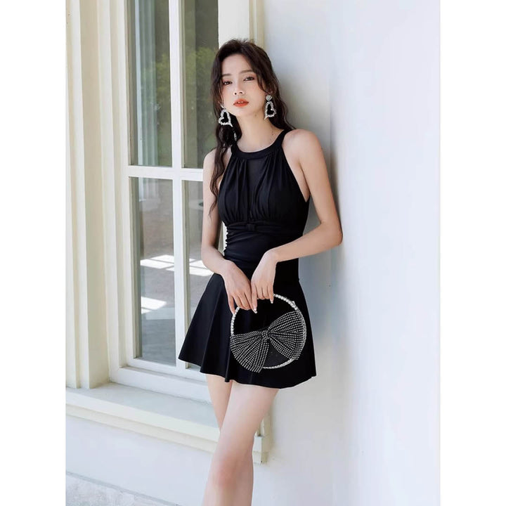 Mesh Panel High Neck Swim Dress
