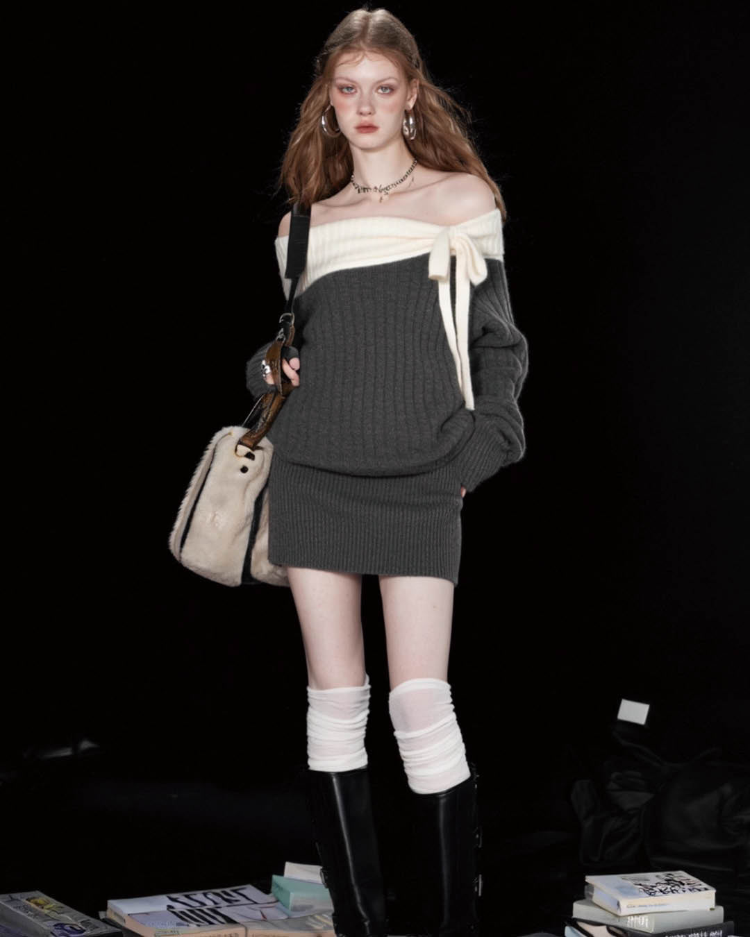 Off Shoulder Knit Dress with Bow