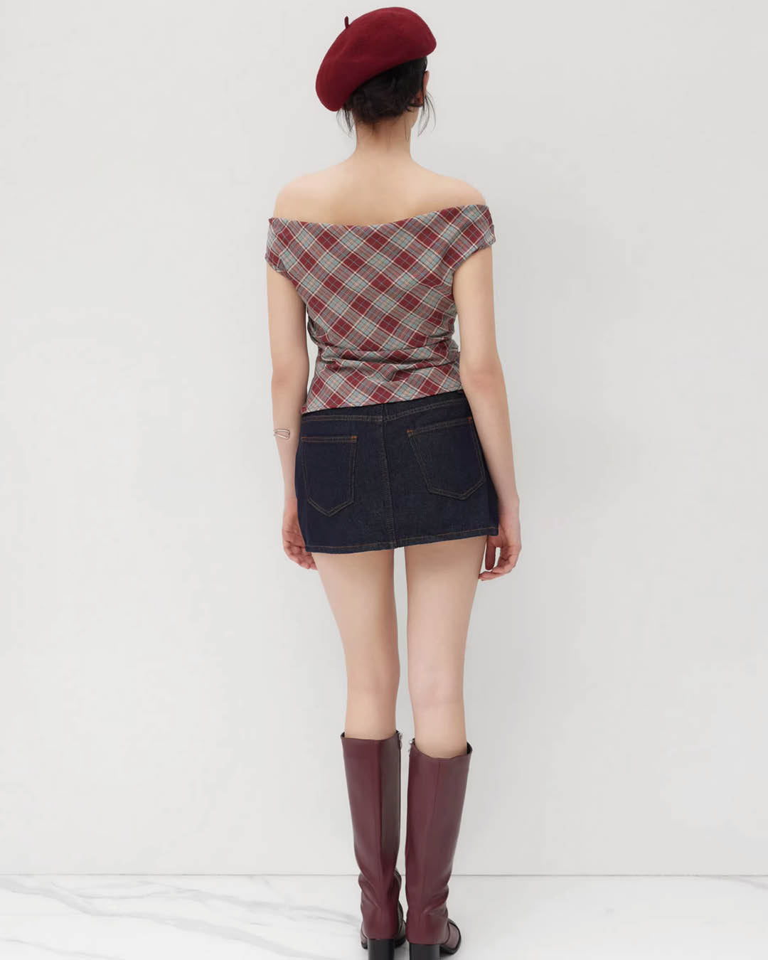 Draped Off-Shoulder Plaid Top