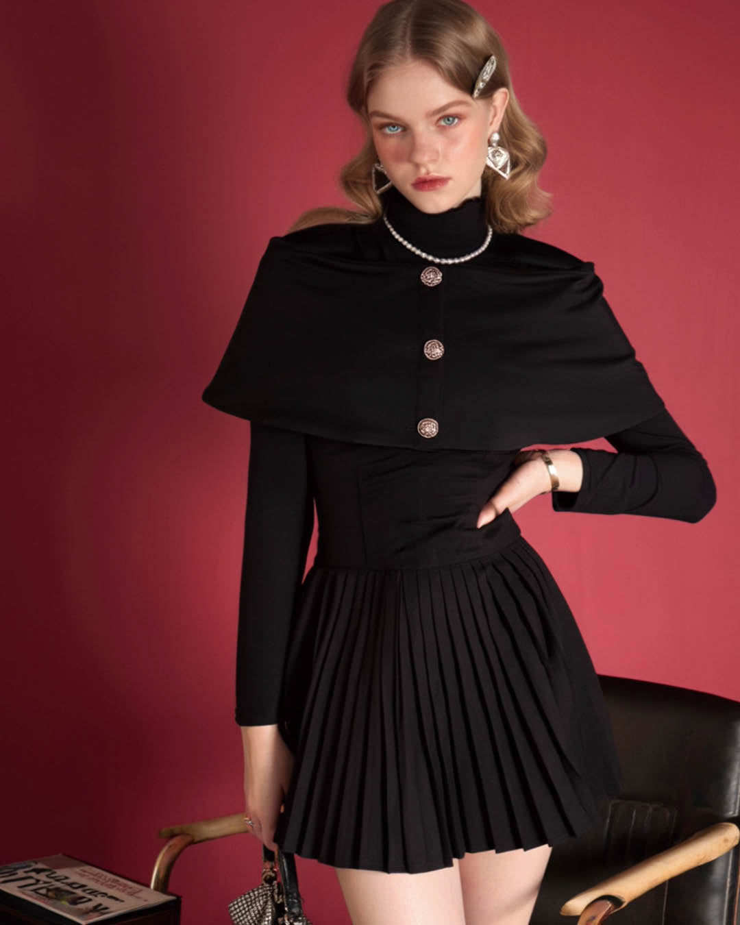 Elegant Pleated Cape Dress