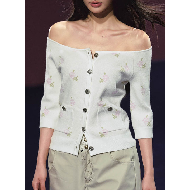 Floral Knit Off-Shoulder Cardigan