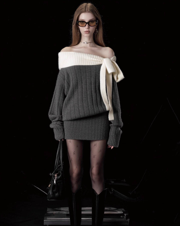 Off Shoulder Knit Dress with Bow