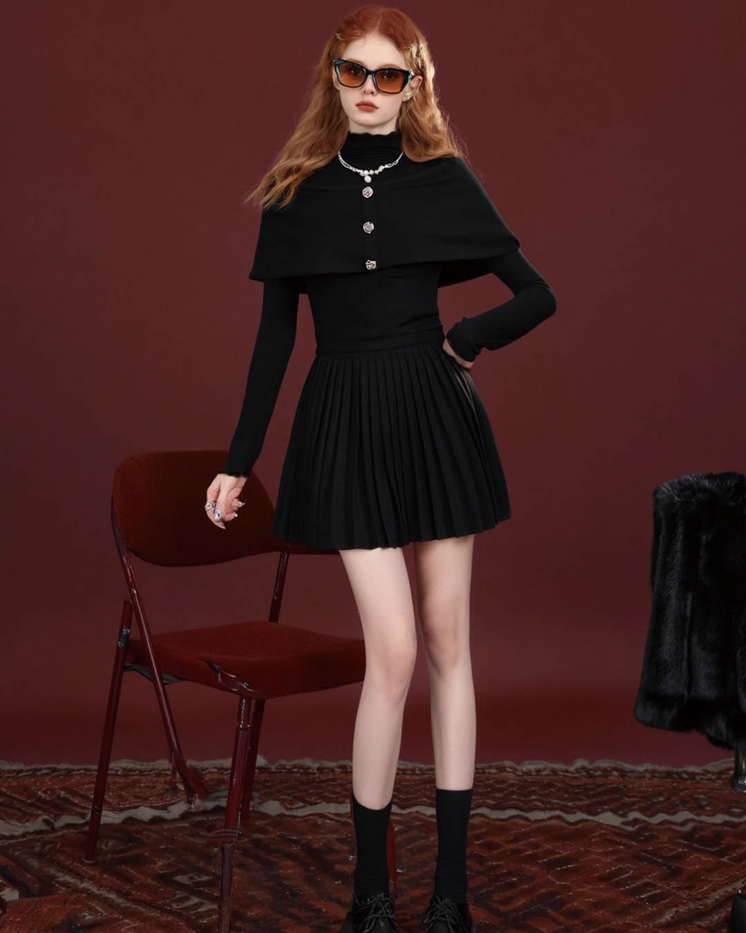 Elegant Pleated Cape Dress