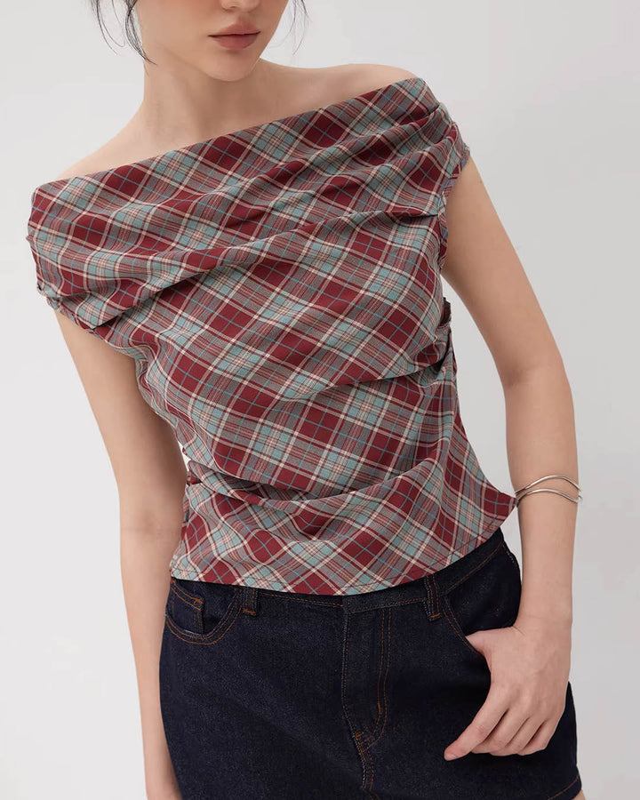 Draped Off-Shoulder Plaid Top