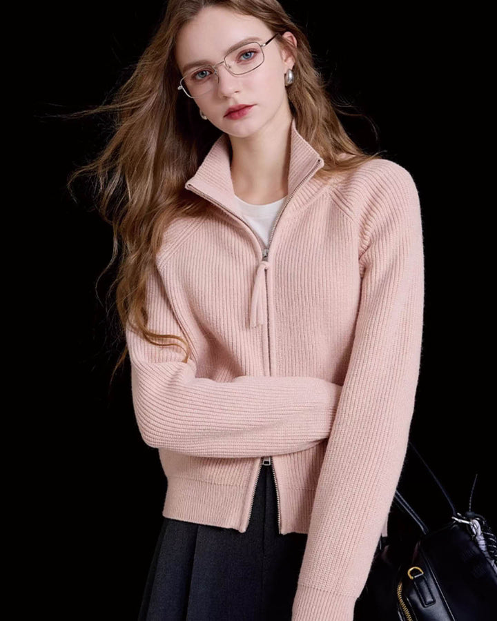 High Neck Ribbed Zip Knit Jacket