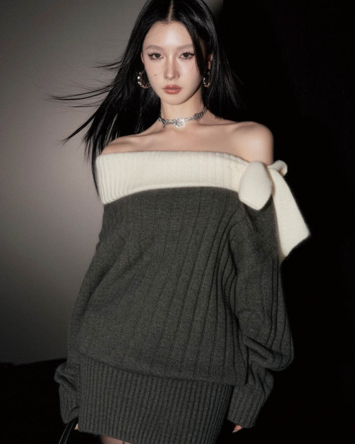 Off Shoulder Knit Dress with Bow