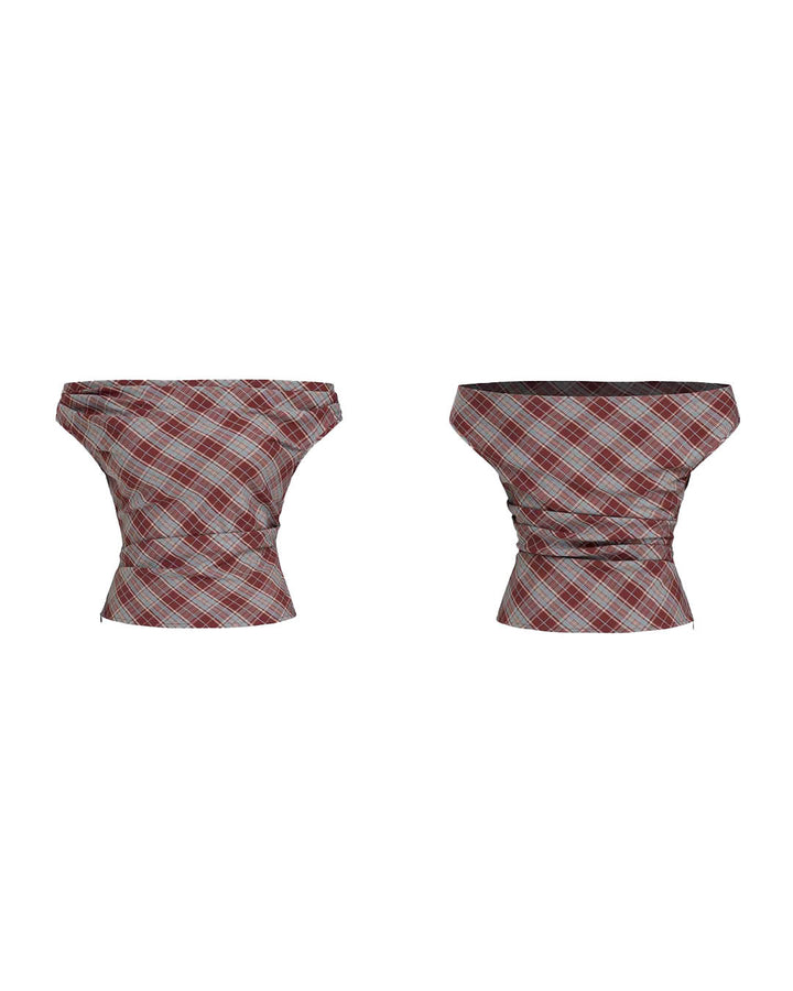 Draped Off-Shoulder Plaid Top