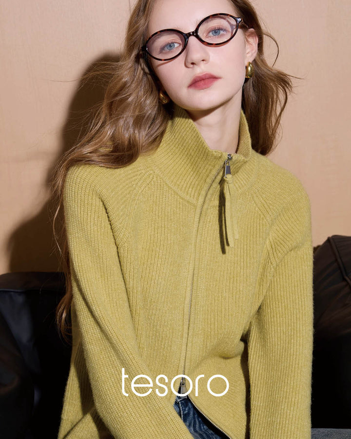 High Neck Ribbed Zip Knit Jacket