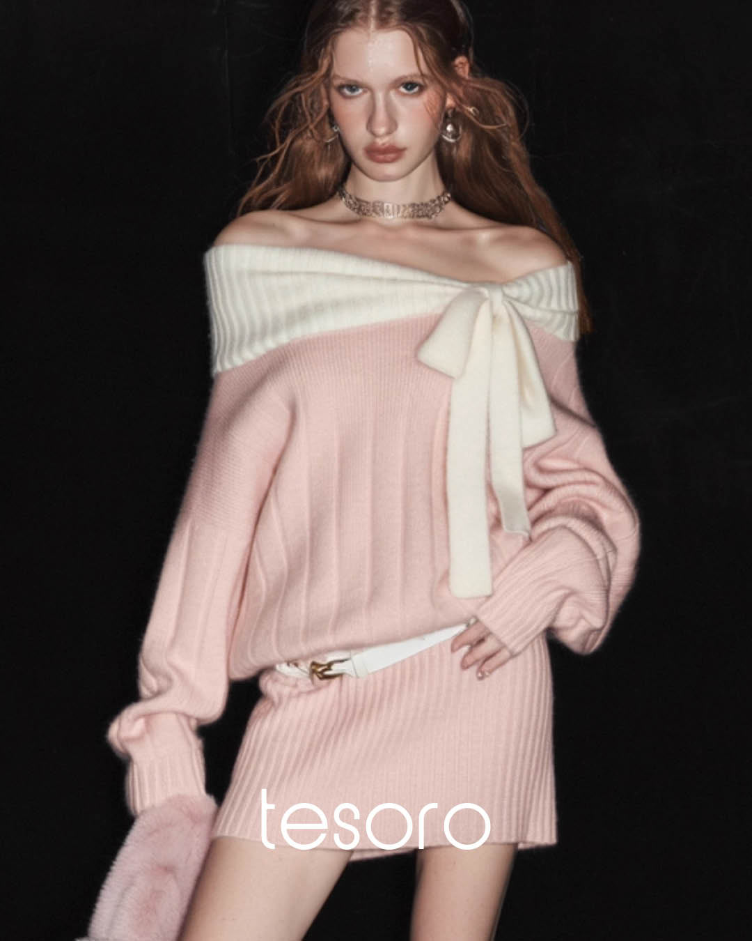 Off Shoulder Knit Dress with Bow