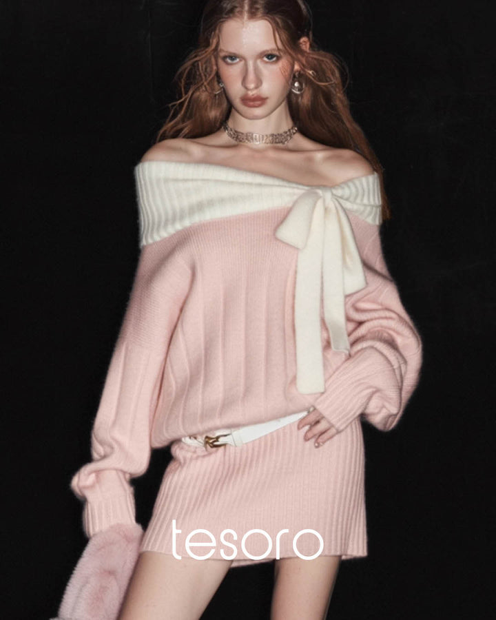 Off Shoulder Knit Dress with Bow