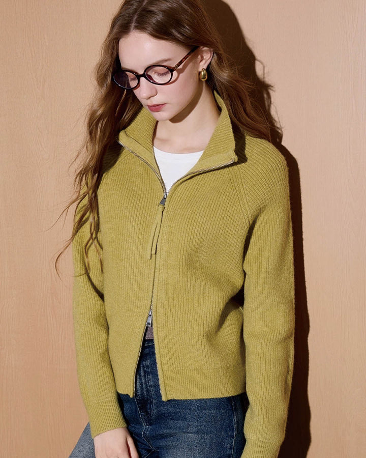 High Neck Ribbed Zip Knit Jacket