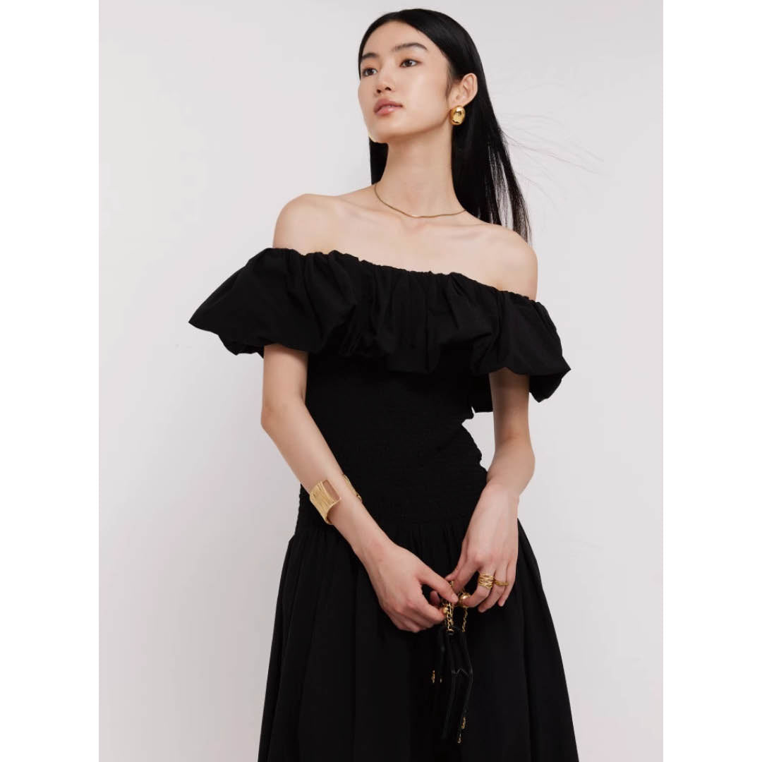 Off-Shoulder Frill Smocked Dress