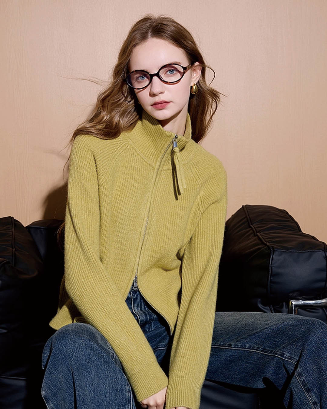 High Neck Ribbed Zip Knit Jacket