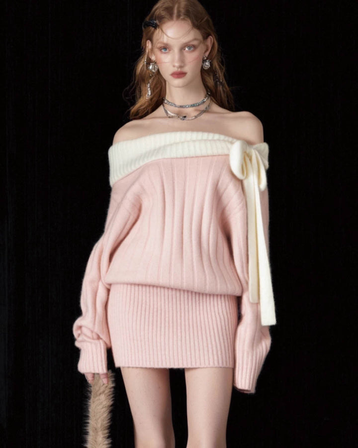 Off Shoulder Knit Dress with Bow