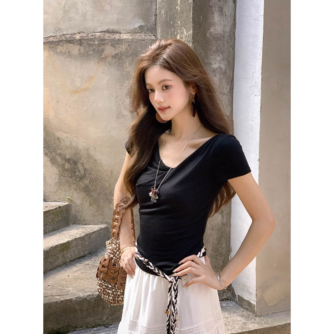 Draped French Neck Slim Top
