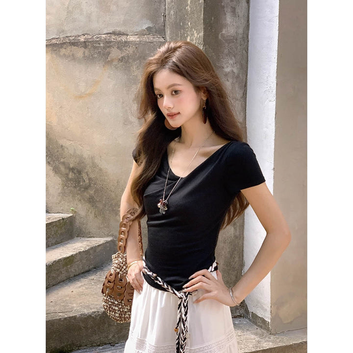 Draped French Neck Slim Top