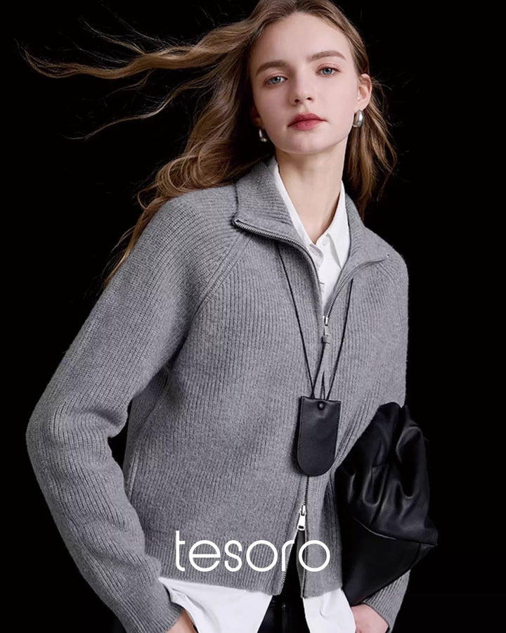 High Neck Ribbed Zip Knit Jacket