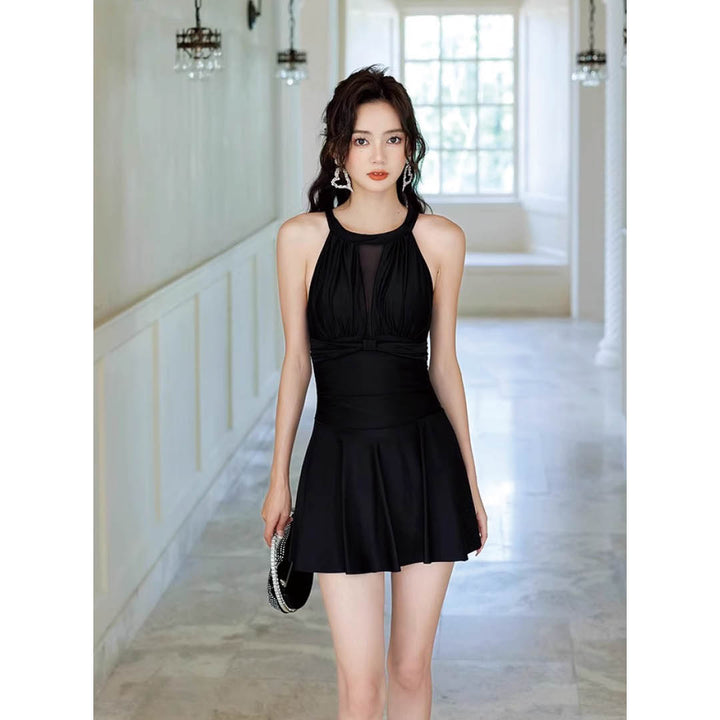 Mesh Panel High Neck Swim Dress
