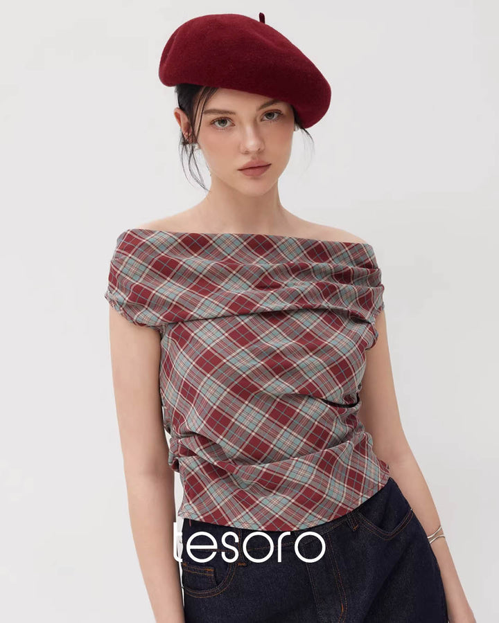 Draped Off-Shoulder Plaid Top