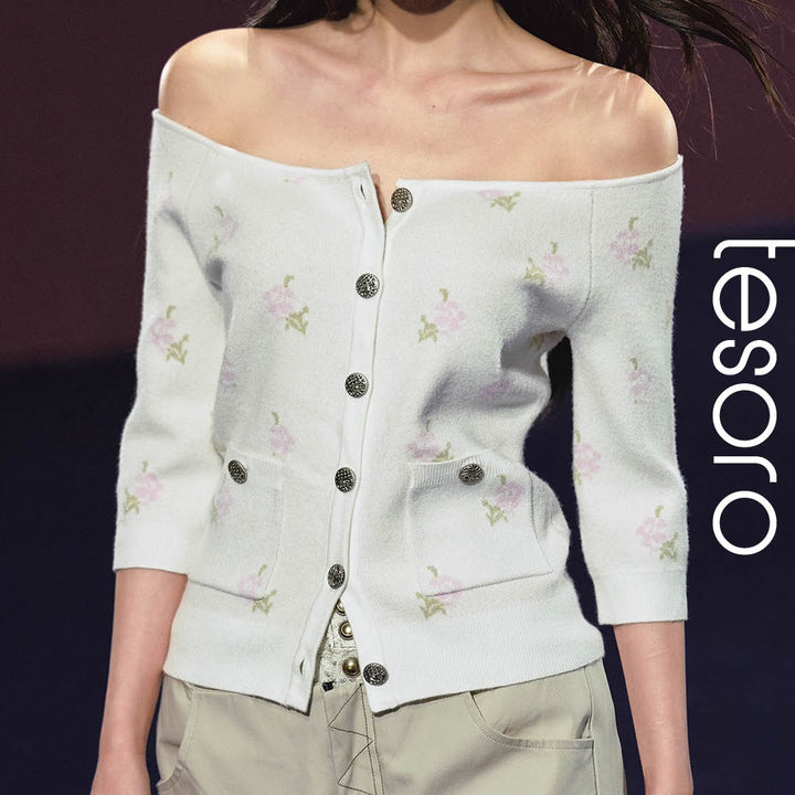 Floral Knit Off-Shoulder Cardigan