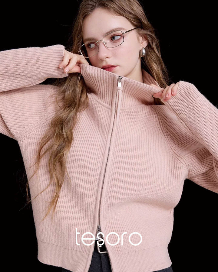 High Neck Ribbed Zip Knit Jacket