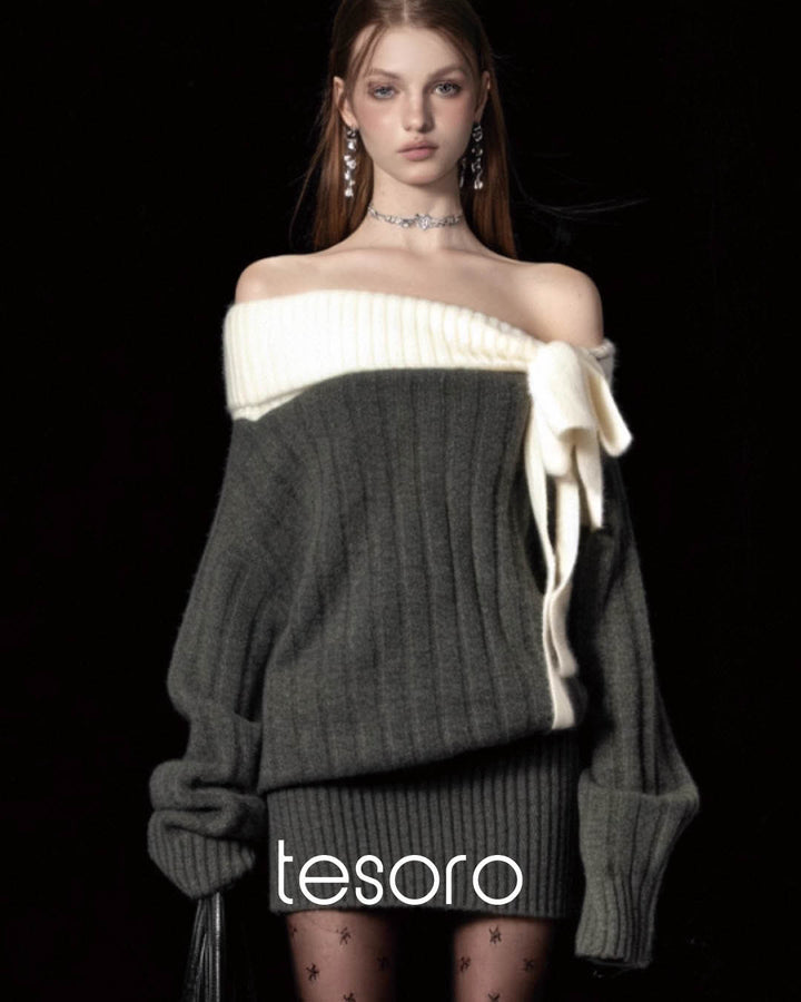 Off Shoulder Knit Dress with Bow